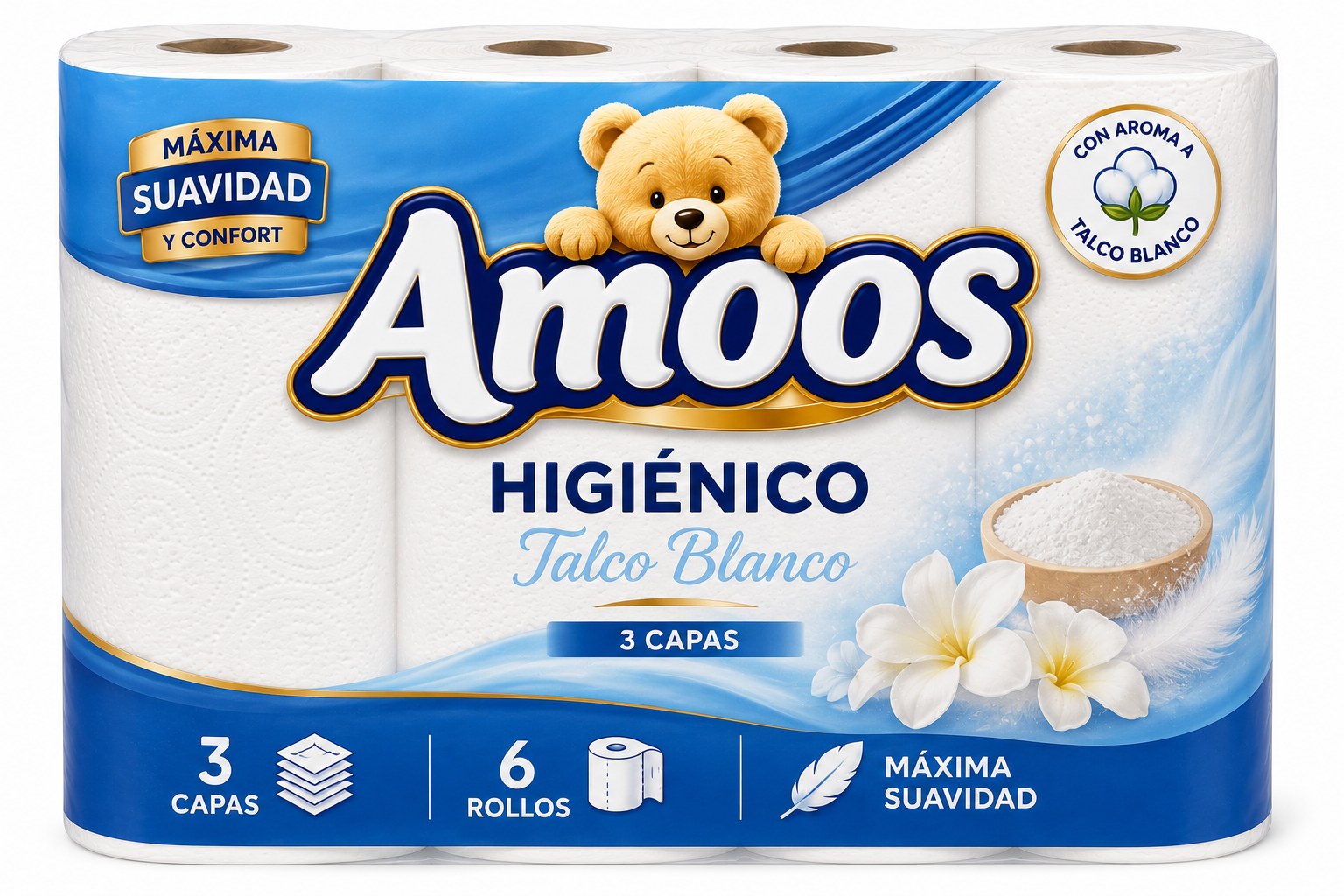Amoos Higiénico Talco Blanco 3 Capas 6 Rollos