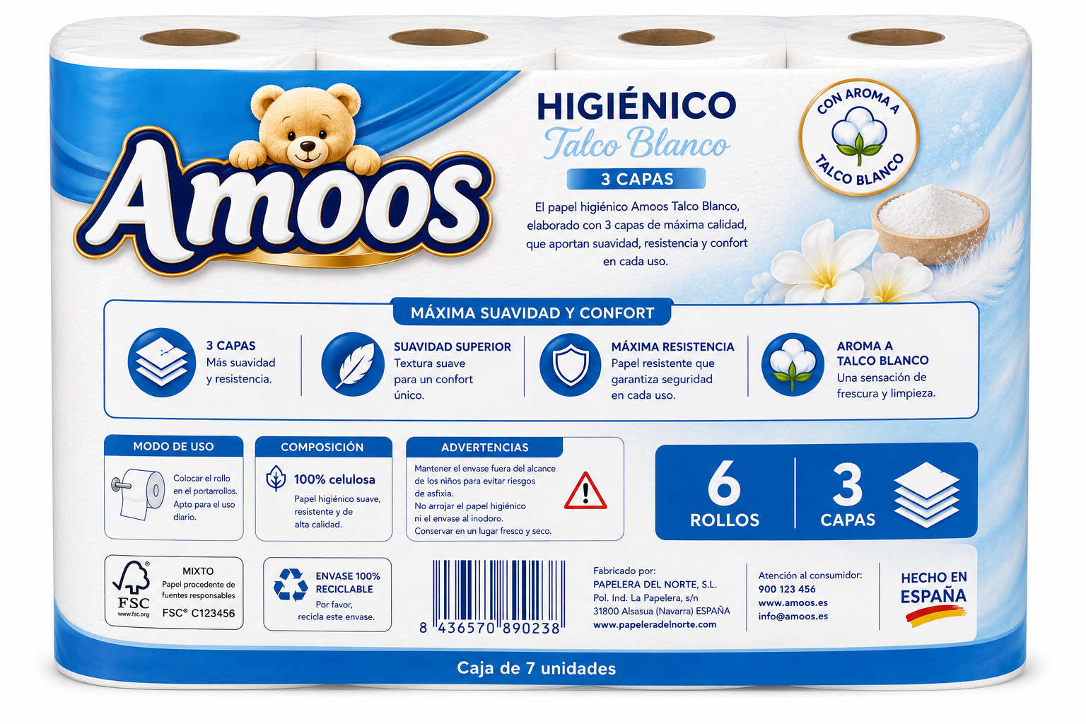 Amoos Higiénico Talco Blanco 3 Capas 6 Rollos - Imagen 2