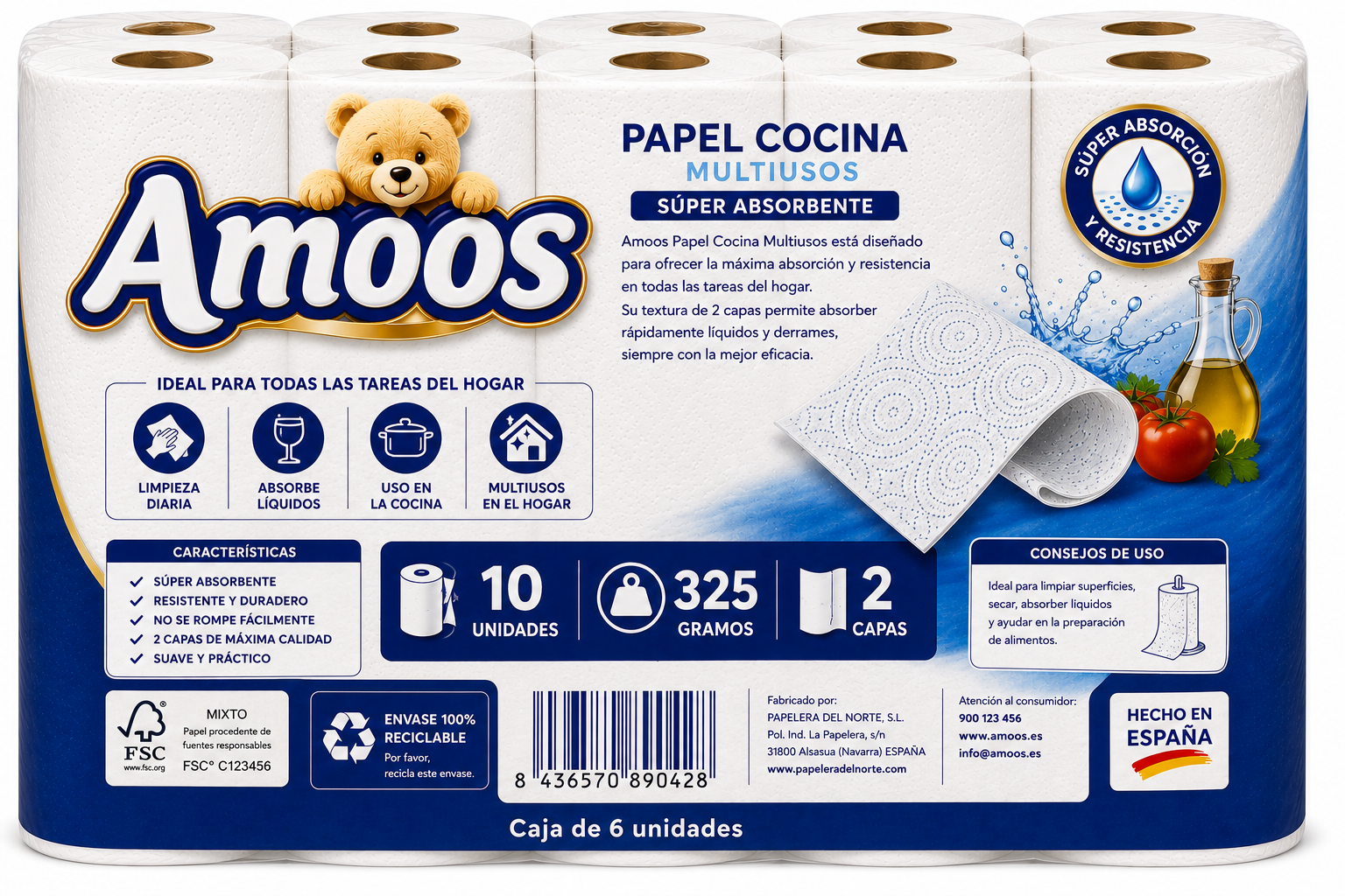 Amoos Papel Cocina Multiusos Super Absorbente 325 gr / 10 UDS - Imagen 2