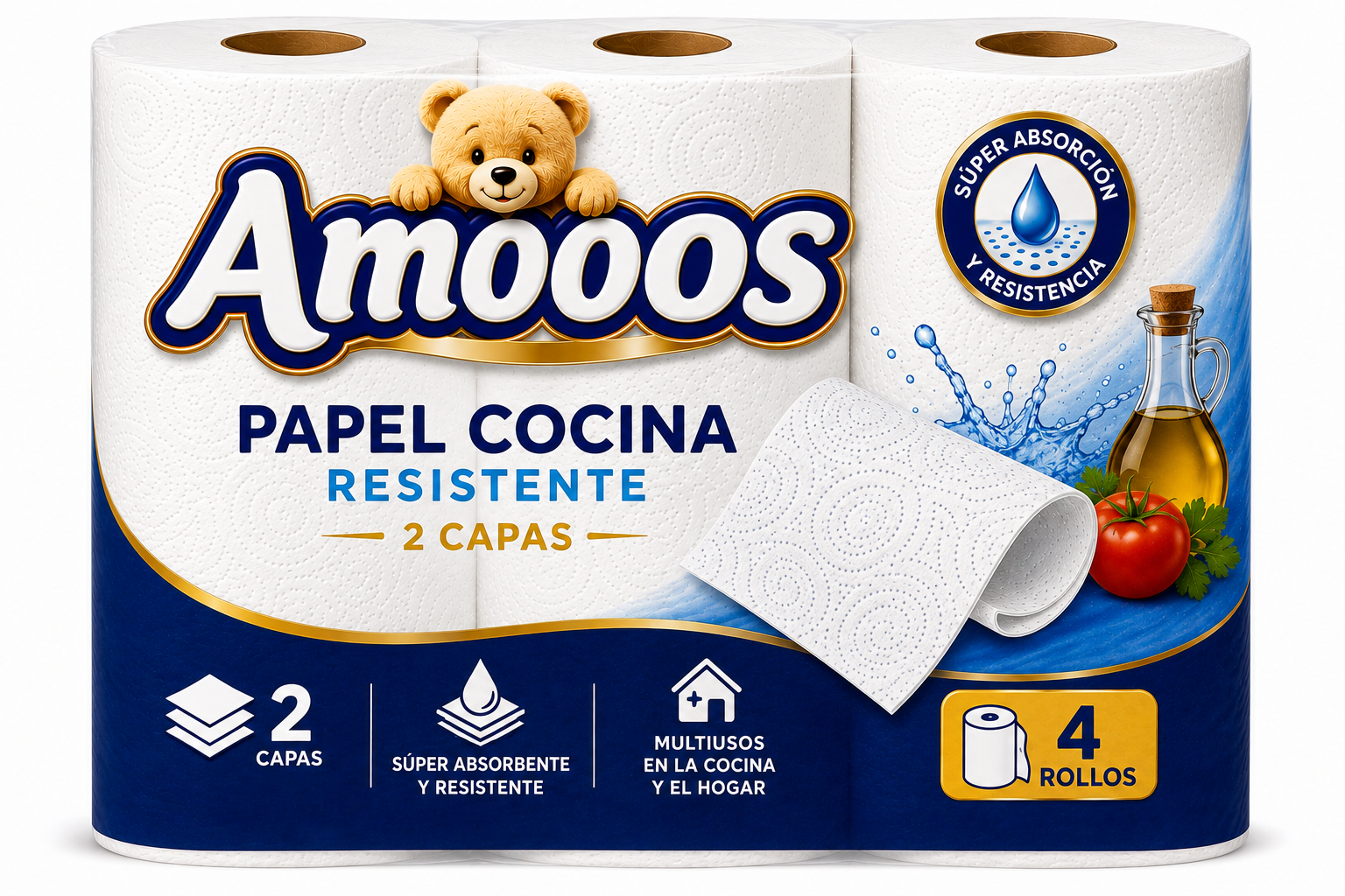Amoos Papel Cocina Resistente 2 Capas 4 Rollos