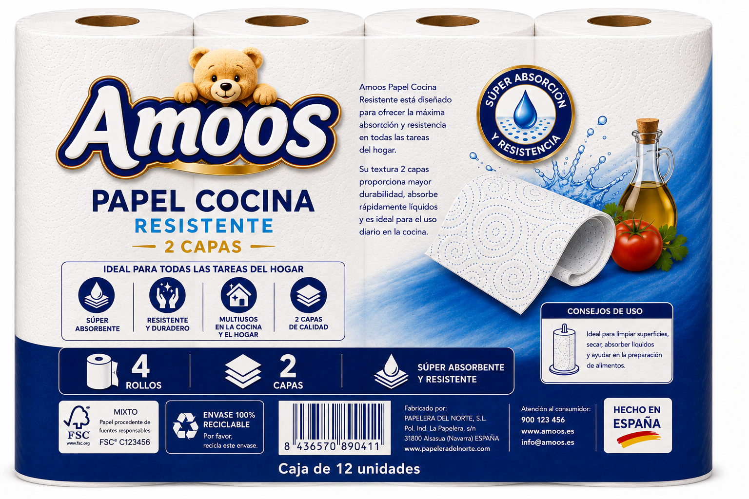 Amoos Papel Cocina Resistente 2 Capas 4 Rollos - Imagen 2