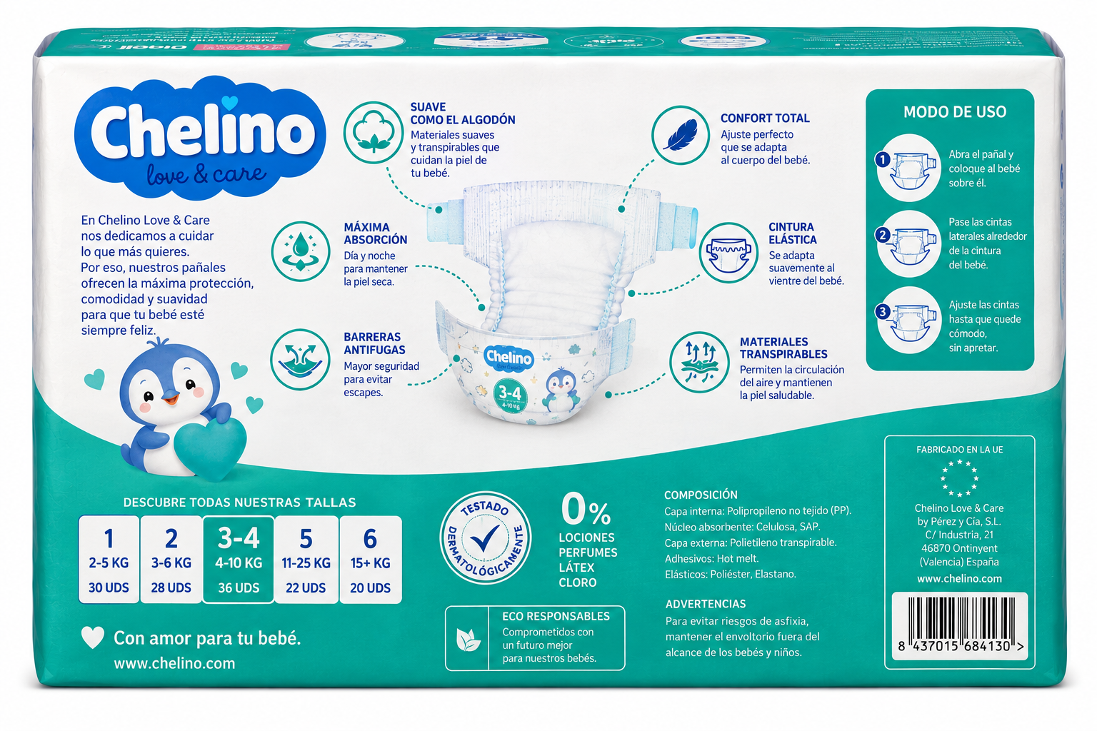 Chelino Pañal Talla 3 4 10kg / 36ud - Imagen 2