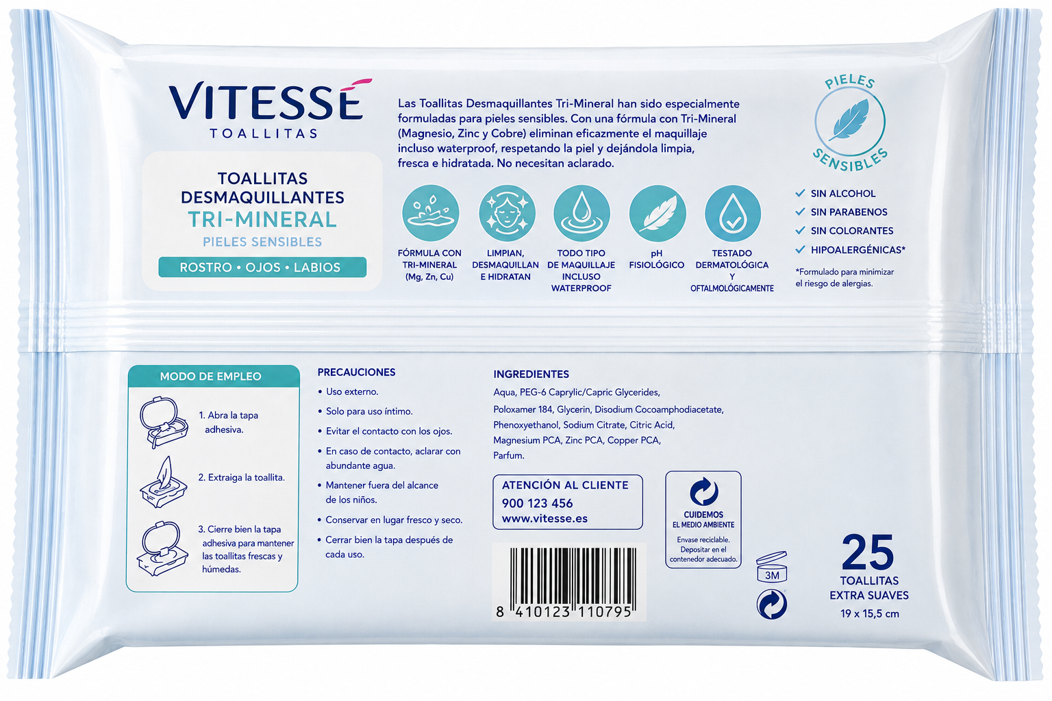 Vitesse Toallitas Desmaqui.tri-mineral Piel Sensible 25ud - Imagen 2