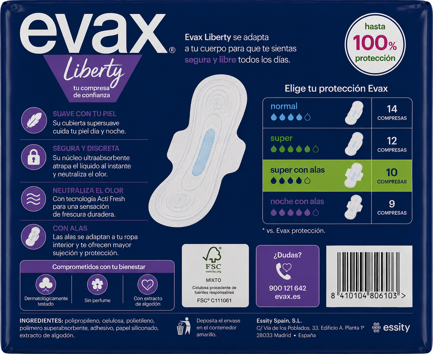 Evax Liberty Compresas Alas Super 10 Ud - Imagen 2