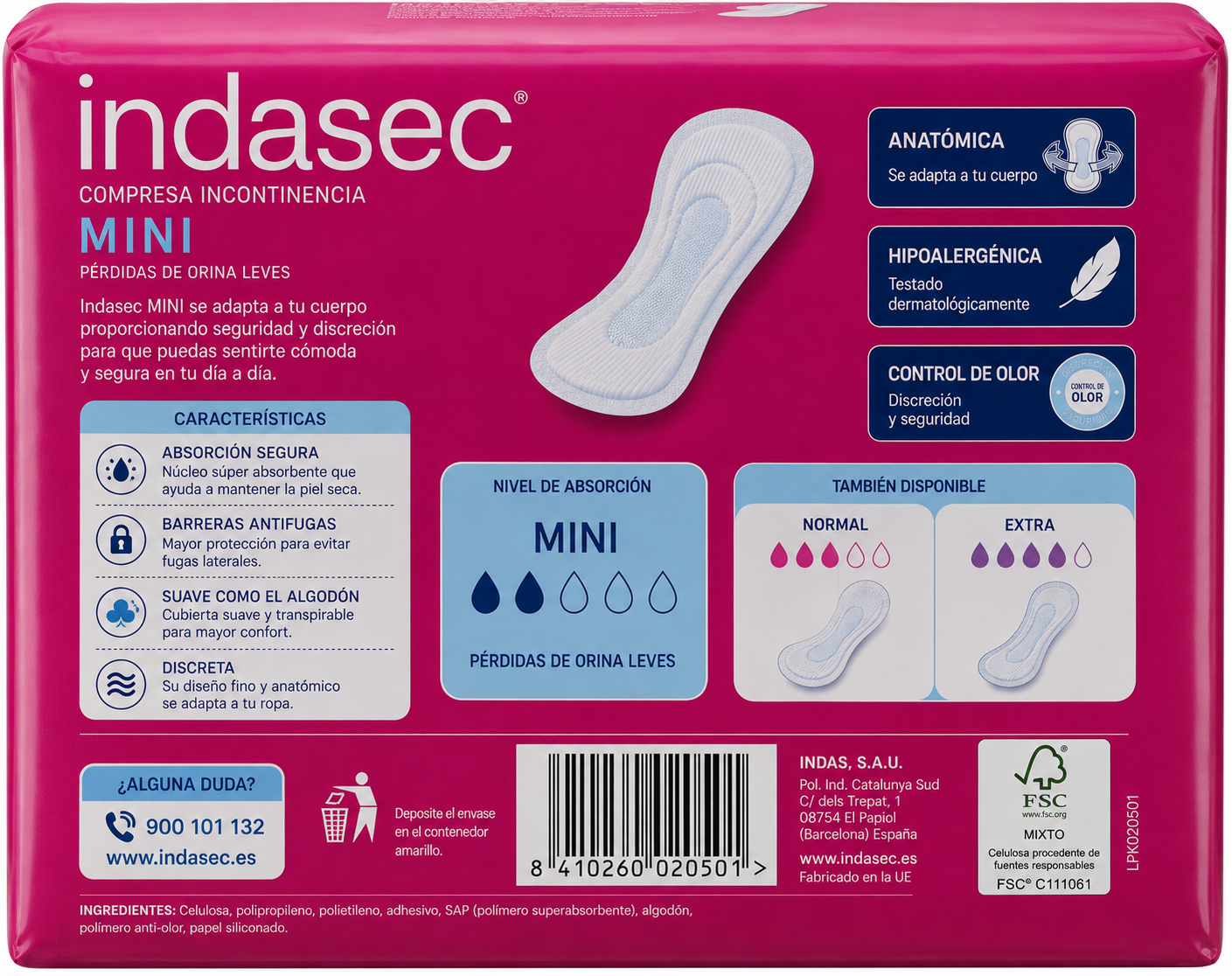 Indasec Compresa Incontinencia Mini 20ud - Imagen 2