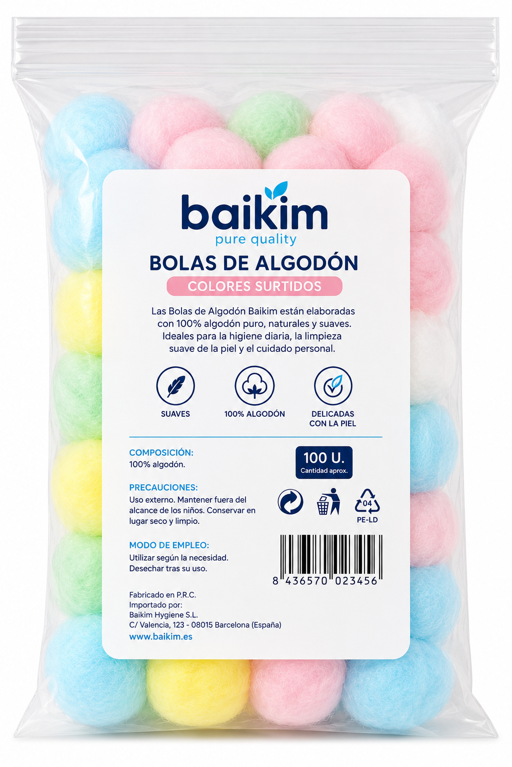 Baikim Bolas de Algodón Colores Surtidos 100 U. - Imagen 2