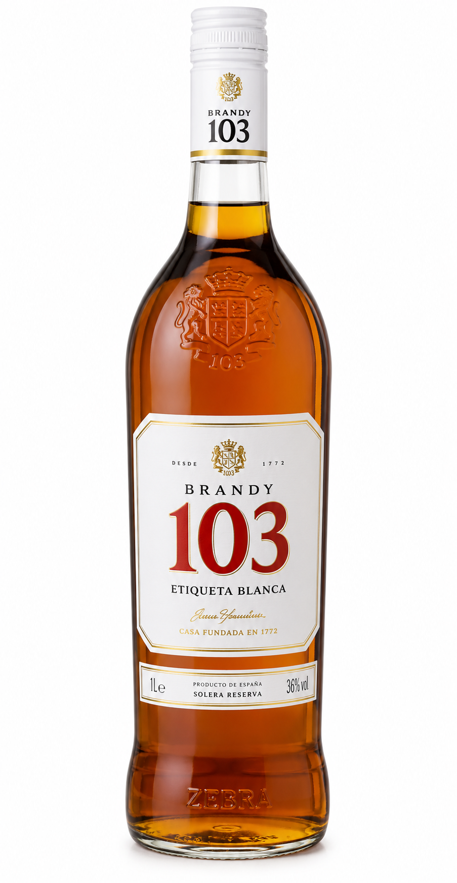 Brandy 103 Etiqueta Blanca Botella de 1 Litro Cristal