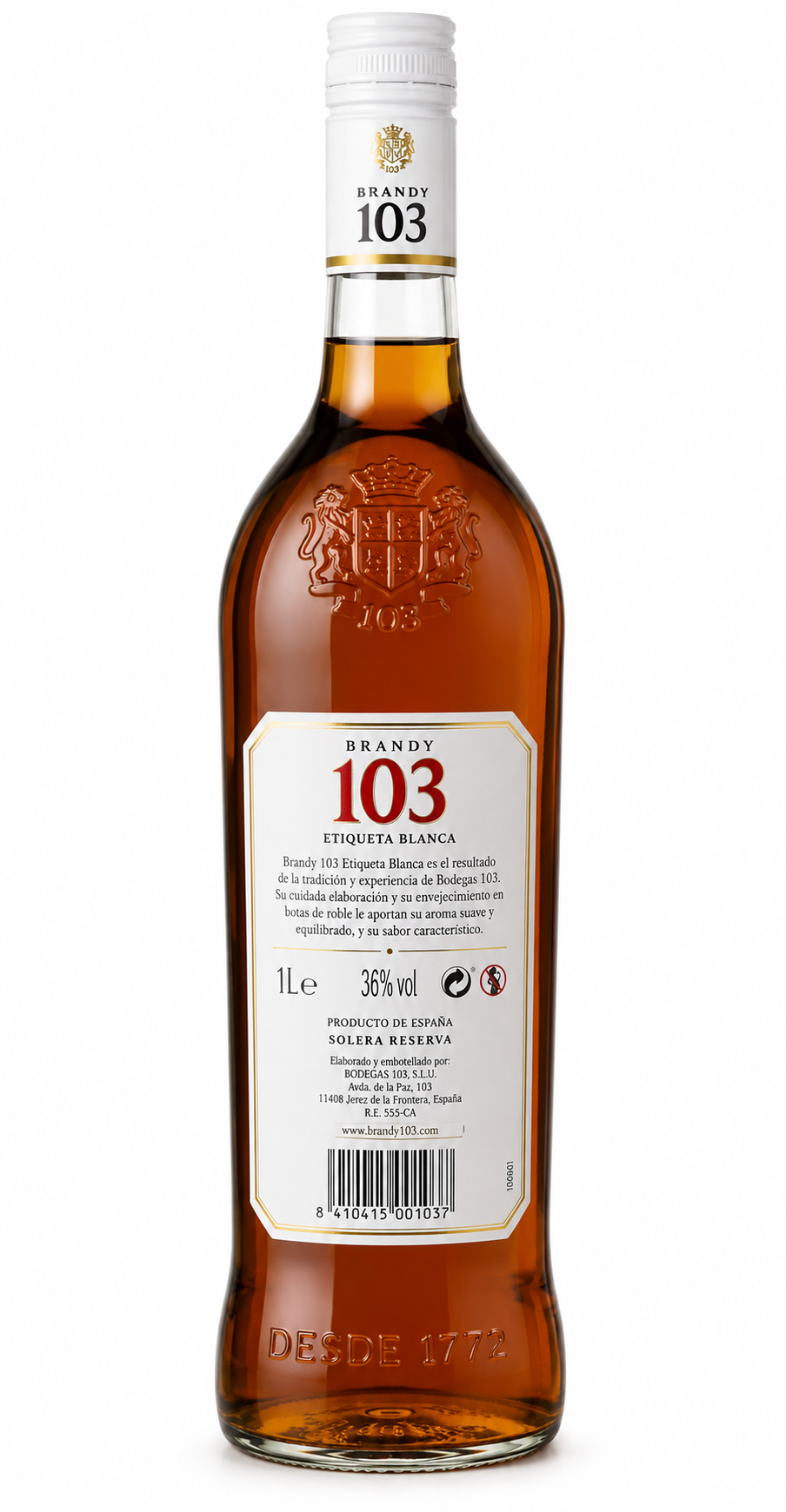 Brandy 103 Etiqueta Blanca Botella de 1 Litro Cristal - Imagen 2
