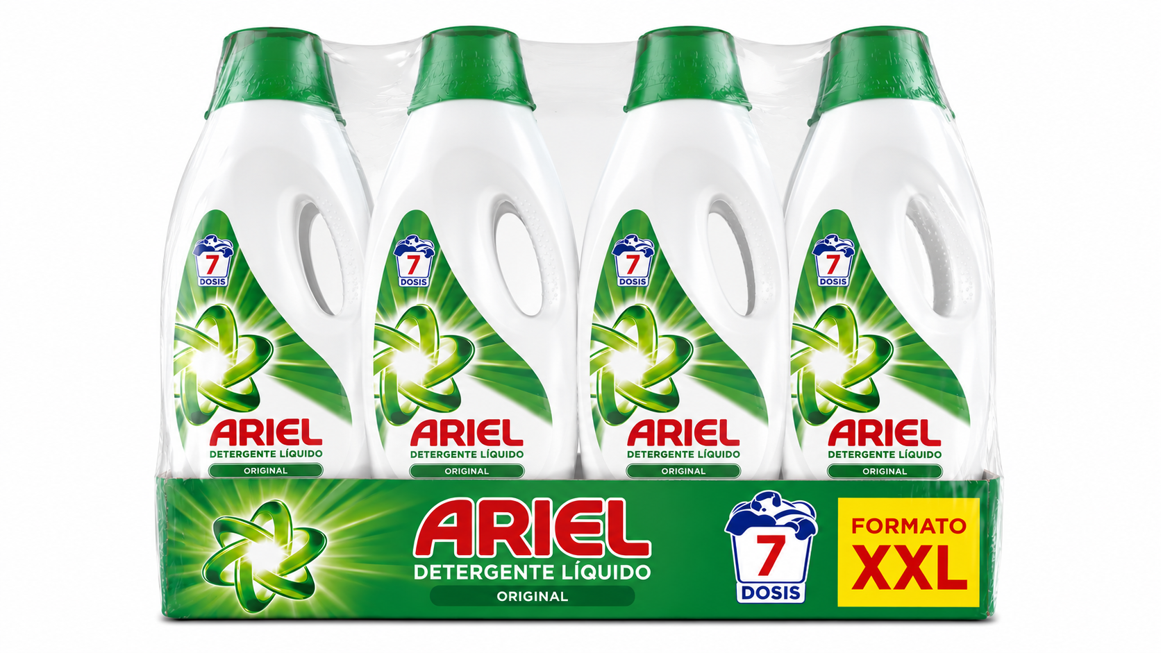 Ariel Detergente Liquido | 7 DOSIS | Caja de 4 | Botella plástico
