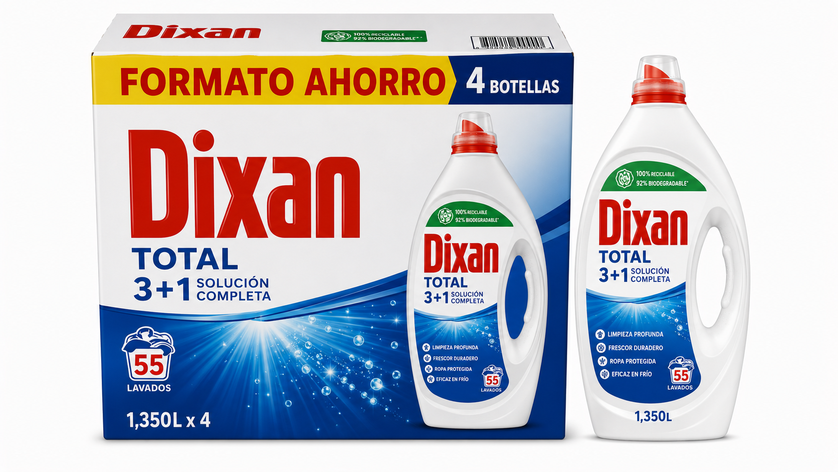 Dixan Detergente Liquido GEL | 55 DOSIS | Caja de 4 | Botella plástico