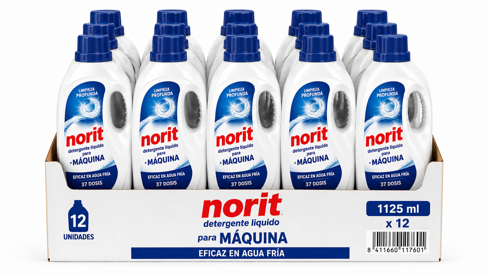 Norit Detergente Liquido Maquina | 1125 ML / 37 DOSIS | Caja de 12 | Botella plástico