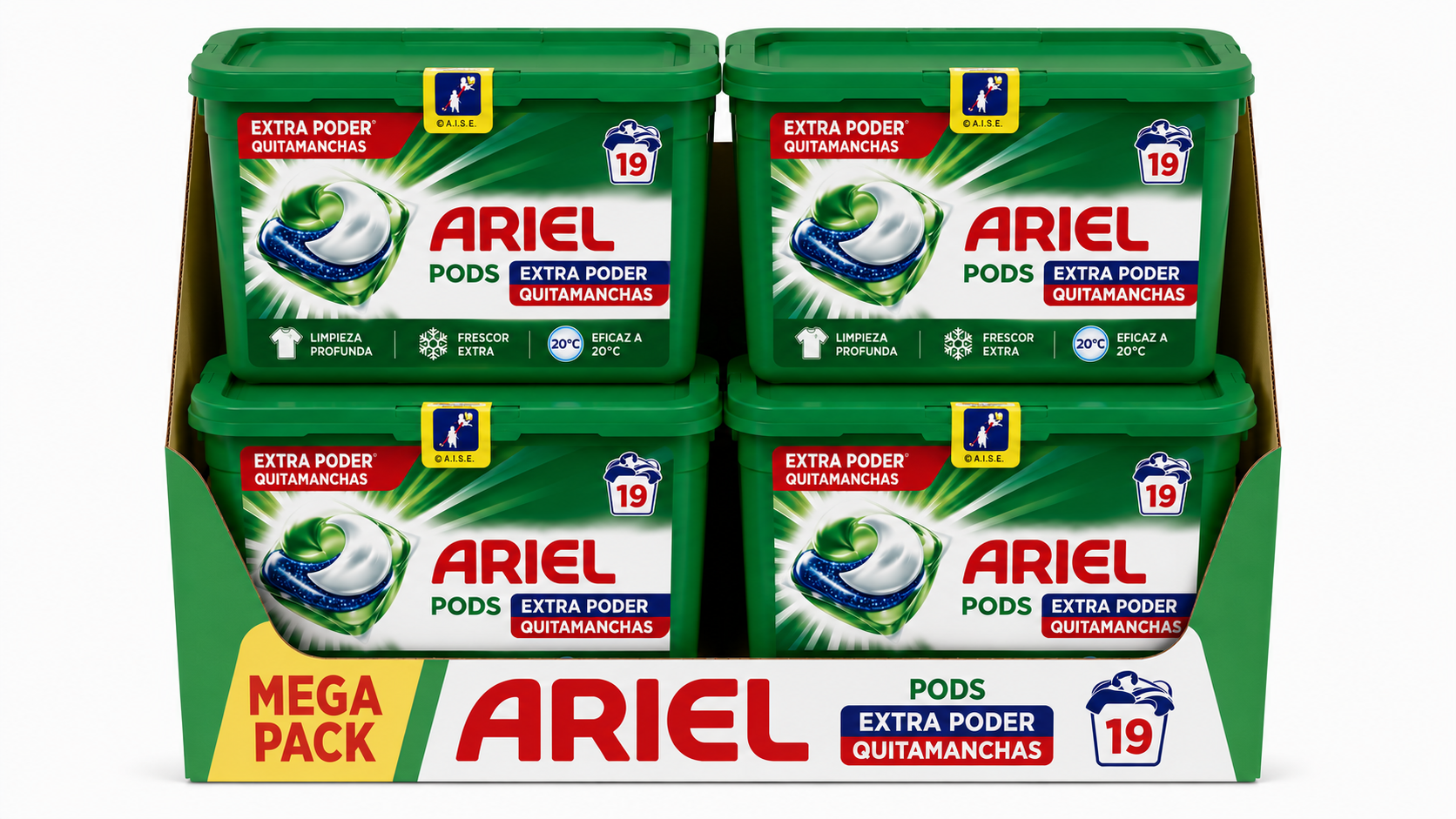 Ariel PODS Extra Poder Quitamanchas | 19 DOSIS | Caja de 4 | Cápsulas/Pastillas