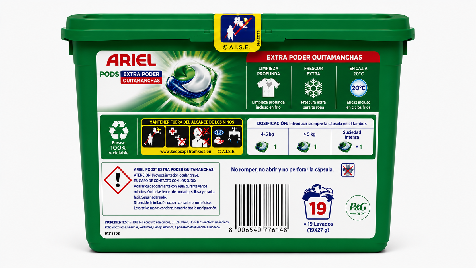 Ariel PODS Extra Poder Quitamanchas | 19 DOSIS | Caja de 4 | Cápsulas/Pastillas - imagen 3