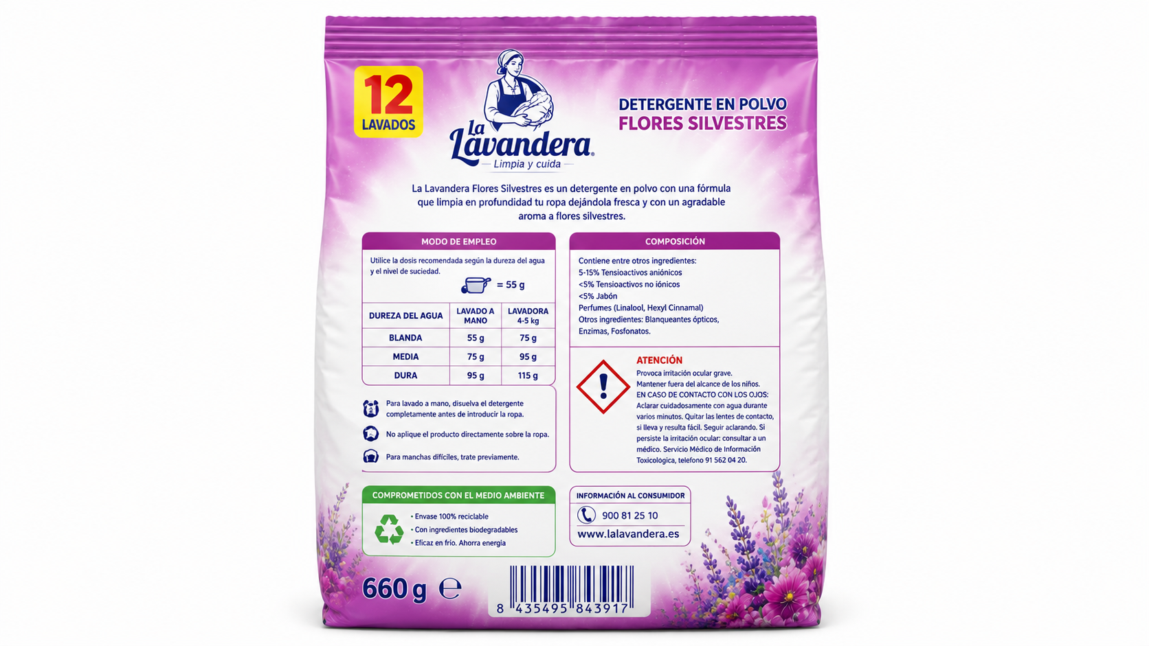 Lavandera Detergente Polvo Flores Silvestres | 12 LAVADOS | Caja de 12 - imagen 13