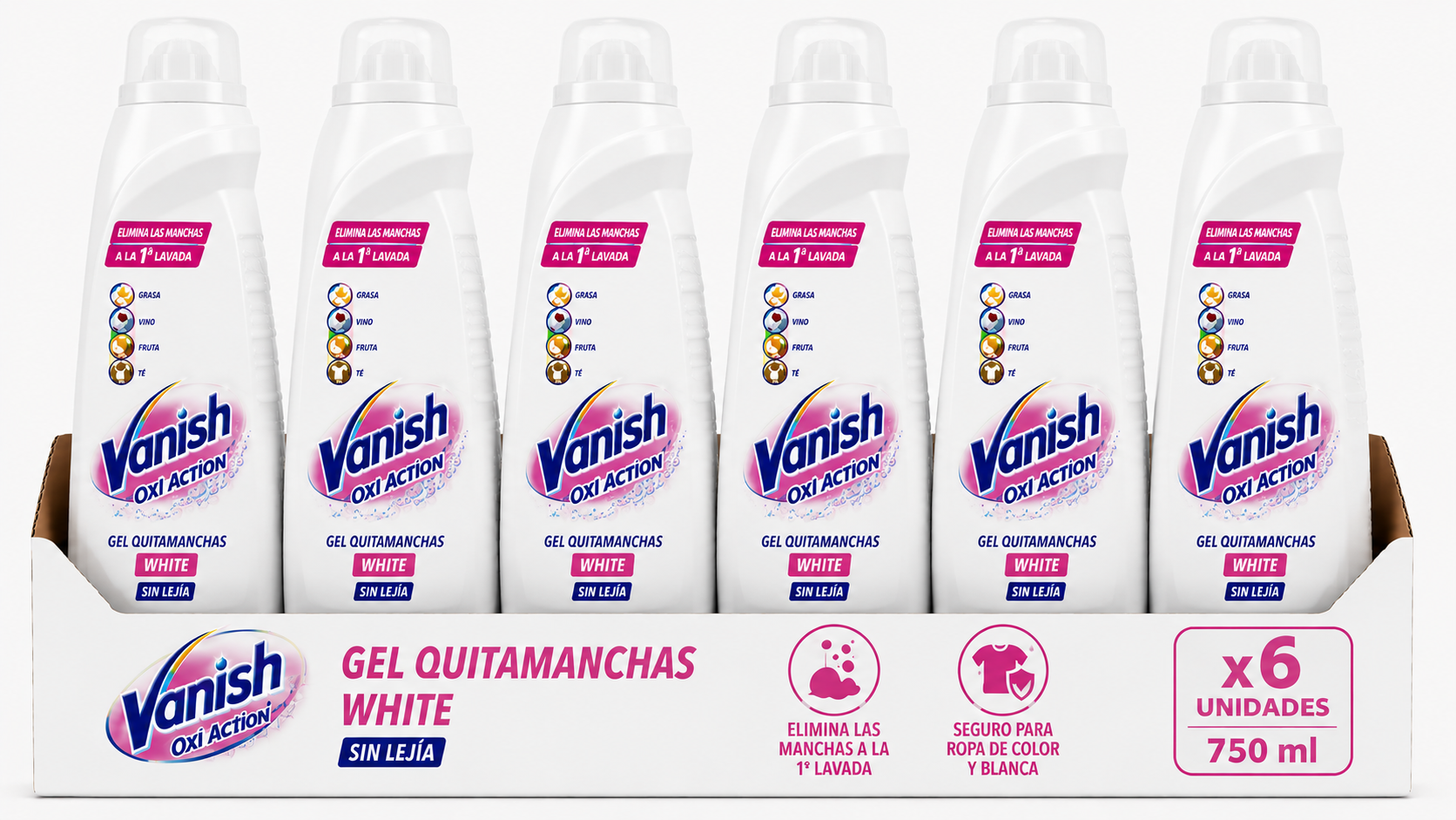 Vanish OXI Action GEL Quitamanchas White | 750 ML | Caja de 6 | Botella plástico