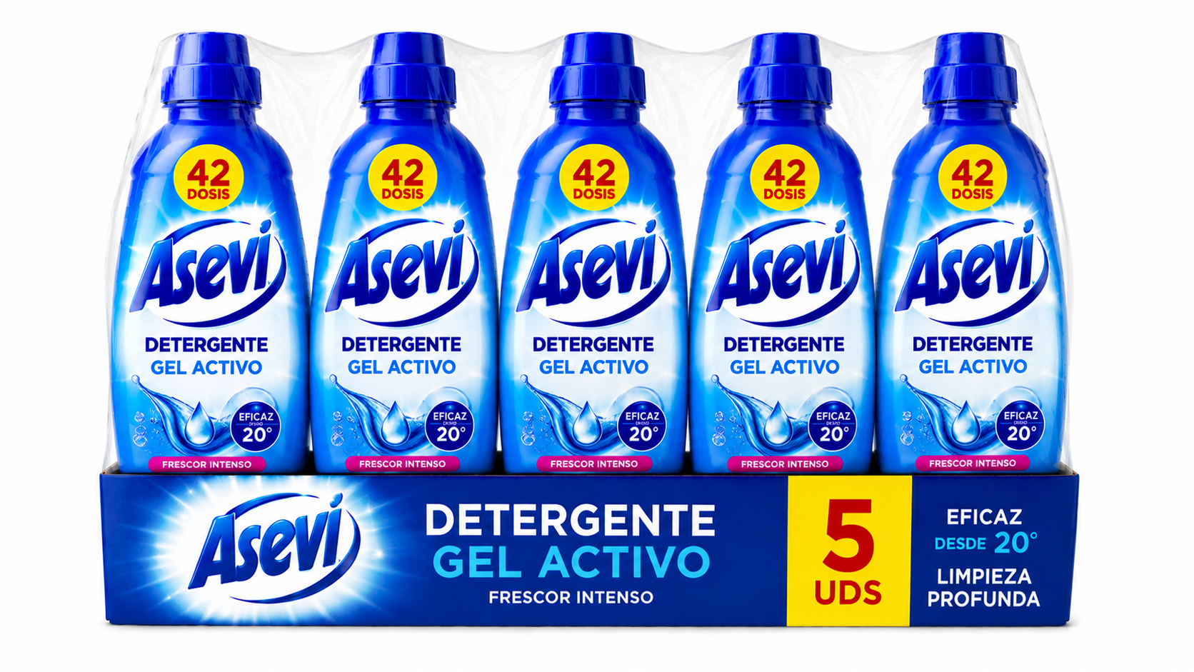 Asevi Deterg. GEL Activo | 42 DOSIS | Caja de 5 | Botella plástico