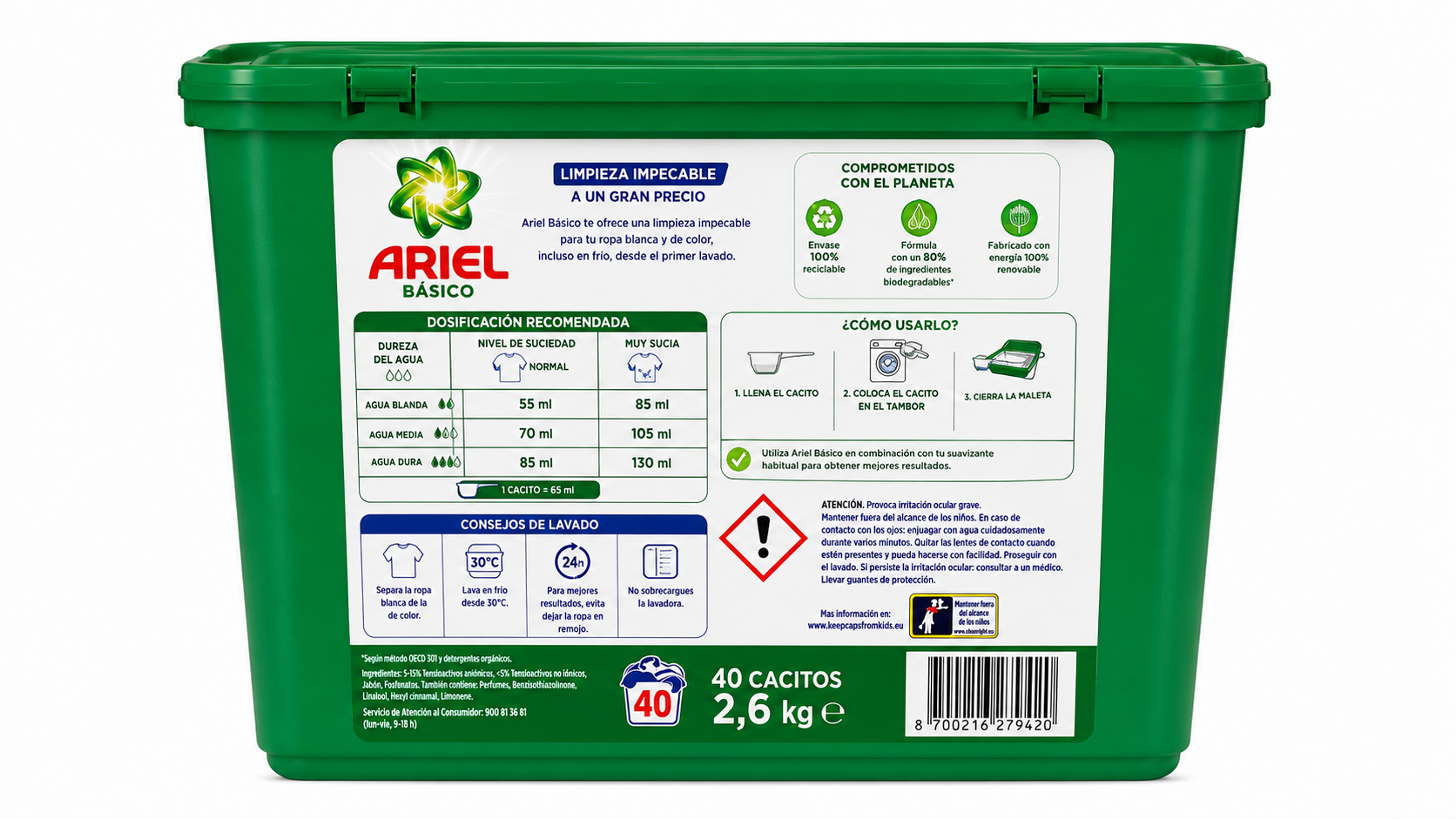 Ariel Basico Maleta | 40 CACITOS / 2,6KG | Caja de 4 | Caja - imagen 3