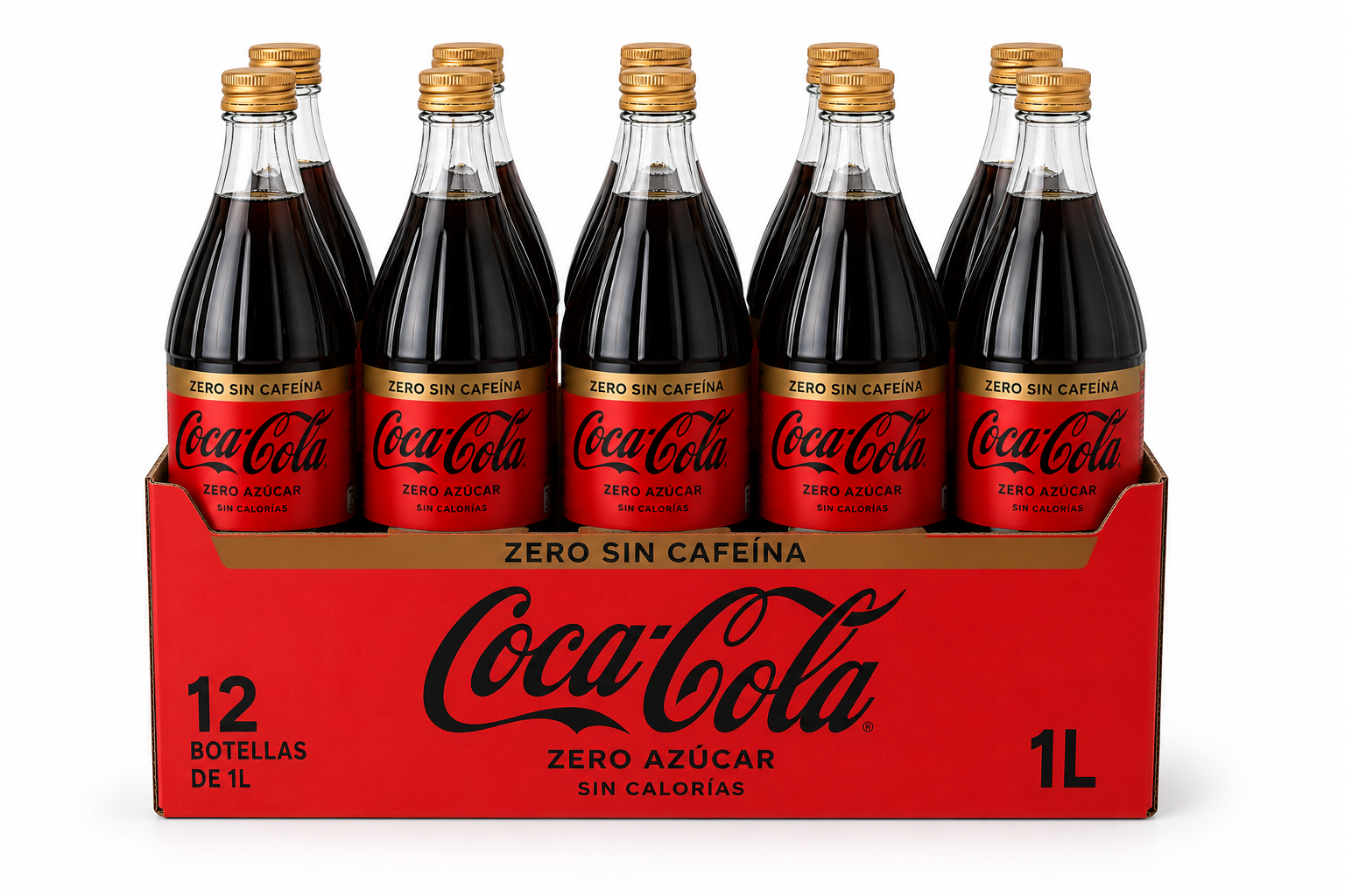 Coca-Cola Zero Sin Cafeína | Caja de 12 Unidades (Botella de Cristal, 1 L)