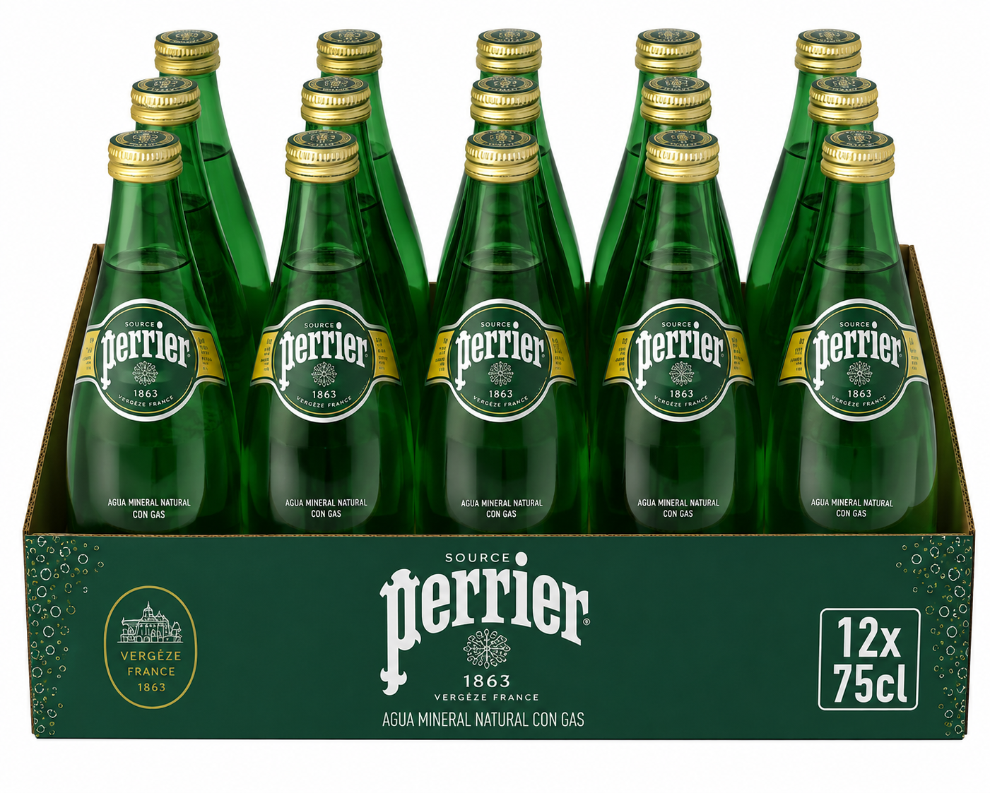 Agua Mineral Natural Carbónica Perrier | Caja de 12 Botellas (75 cl) - Cristal